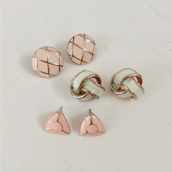 Vintage Enamel Gold Statement Earrings Knot Braided Geometric Stud Pink Green - Picture 3 of 8